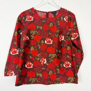 J. Crew Collection 100% Silk Top Women's Size 4 Red Olive Rose Floral Print